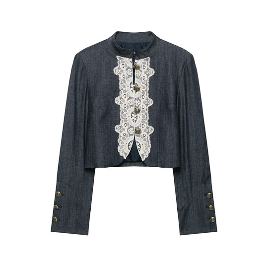 Damen Boleroartige Kurzjacke im Vintage-Denim‑Stil mit Spitzenpasse und Messingknöpfen Nord Taschen