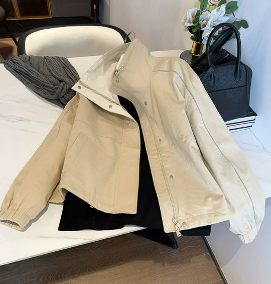 Damen Leichte Overshirt‑Jacke mit Stehkragen, Druckknopfverschluss & Kontrastnaht Nord Taschen