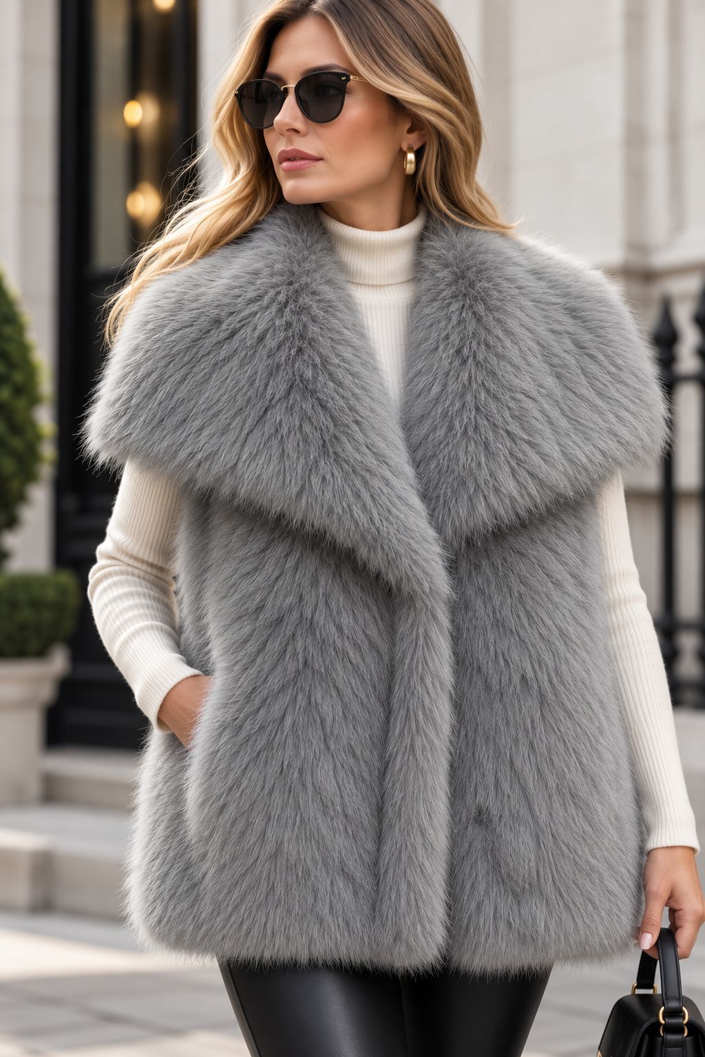 Damen Ärmellose Luxus‑Faux‑Fur‑Weste mit extraweichem Langflor und übergroßem Schalkragen Nord Taschen