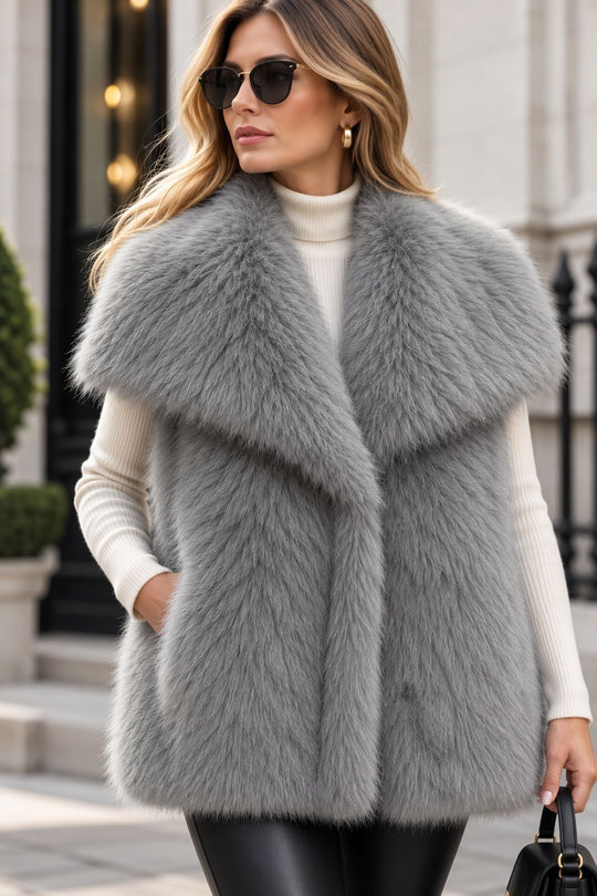 Damen Ärmellose Luxus‑Faux‑Fur‑Weste mit extraweichem Langflor und übergroßem Schalkragen Nord Taschen