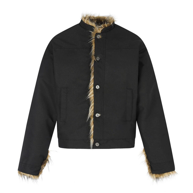 Damen Kurzjacke mit Kunstfellfutter, Stehkragen und verdeckter Knopfleiste Nord Taschen