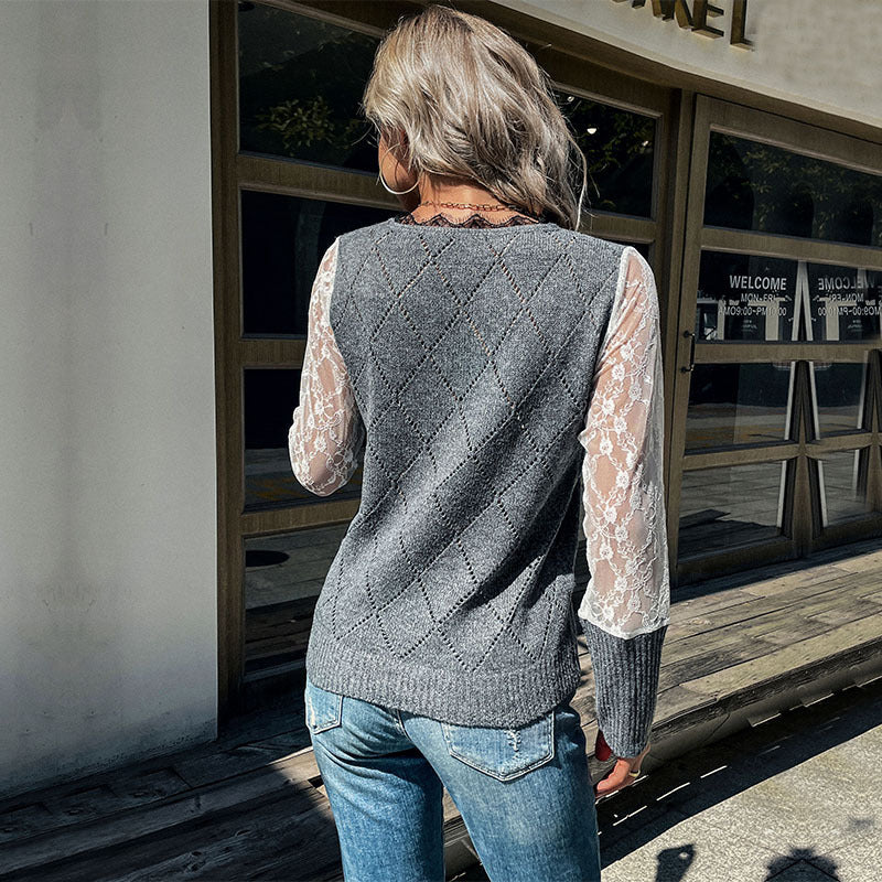 Damen Eleganter Strickpullover mit Spitzenärmeln Nord Taschen