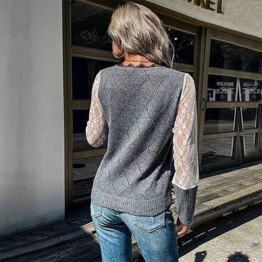 Damen Eleganter Strickpullover mit Spitzenärmeln Nord Taschen