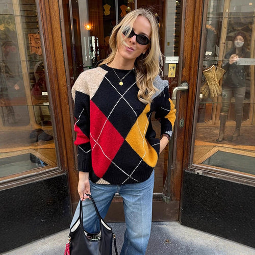 Damen Oversize Argyle-Pullover aus Mohair-Mix mit Rundhalsausschnitt und kontrastierenden Rautendetails Nord Taschen