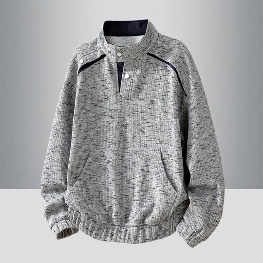Herren Oversize Struktur-Halbzip-Strickpullover mit Stehkragen, Druckknopfblende & Kängurutasche Nord Taschen