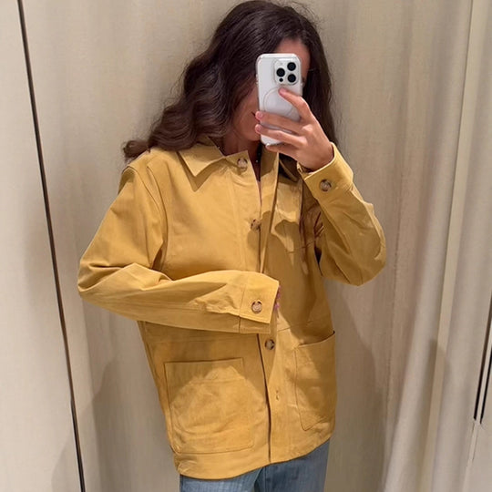 Damen Oversize Baumwoll-Worker-Jacke mit aufgesetzten Taschen Nord Taschen