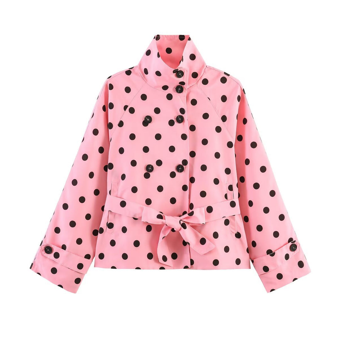 Damen Gekürzter gepunkteter Trenchcoat mit Stehkragen, Taillengürtel und Doppelknopfleiste Nord Taschen