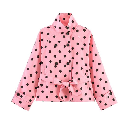 Damen Gekürzter gepunkteter Trenchcoat mit Stehkragen, Taillengürtel und Doppelknopfleiste Nord Taschen