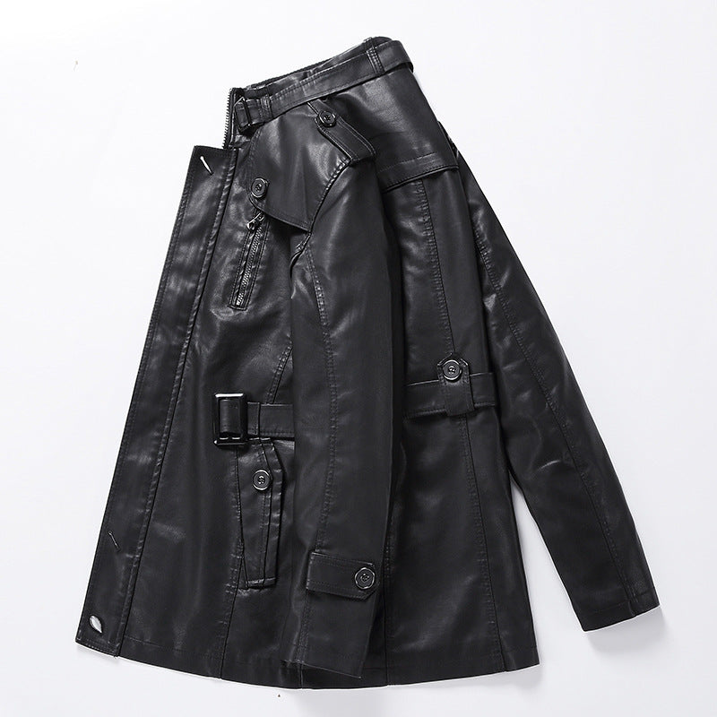 Herren Taillierter Leder-Trench mit Gürtel und Ziernähten Nord Taschen