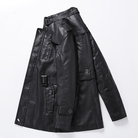 Herren Taillierter Leder-Trench mit Gürtel und Ziernähten Nord Taschen