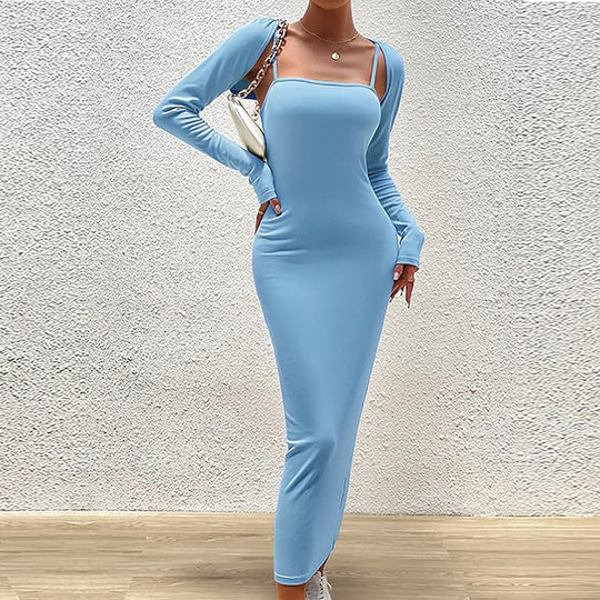 Damen schlankes Maxikleid mit Spaghettiträgern und abnehmbaren Bolero-Ärmeln Nord Taschen
