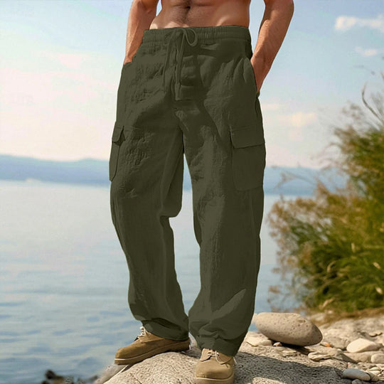 Herren weite Casual-Cargohose aus Leinen-Baumwollmix mit Elastikbund, Tunnelzug und großen Pattentaschen Nord Taschen