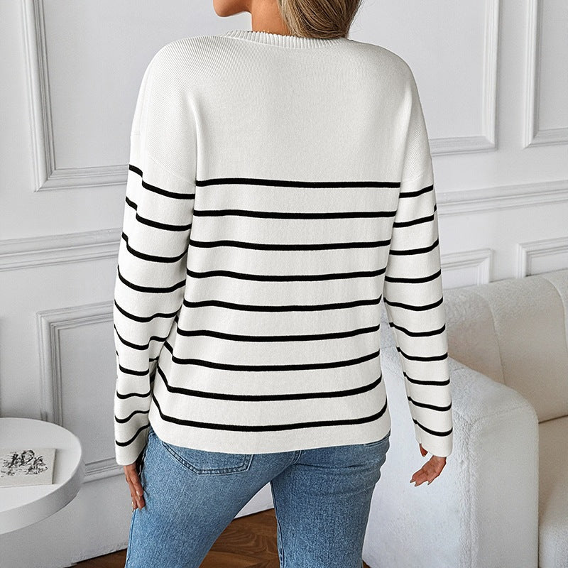 Damen Feinstrickpullover mit gezacktem V‑Ausschnitt, maritimem Streifenmuster & überschnittener Schulter Nord Taschen