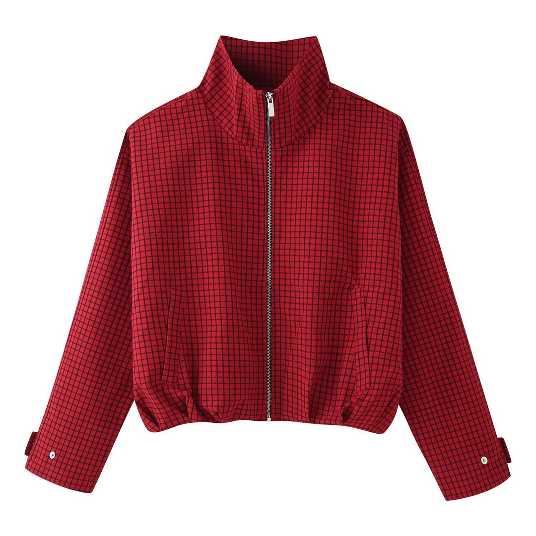 Damen Kurzblouson im Boxy‑Cut mit Stehkragen, Karo‑Print und Reißverschluss Nord Taschen
