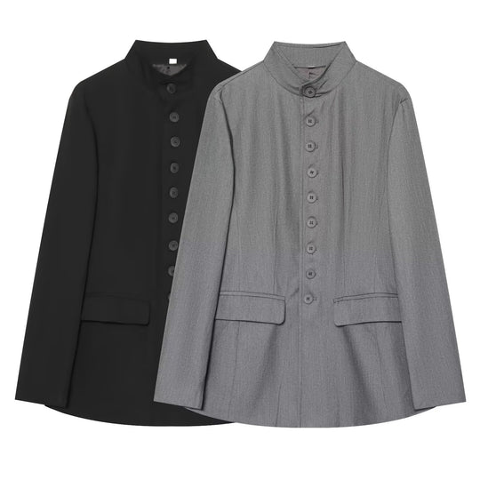 Damen Lang geschnittener Blazer mit Stehkragen und durchgehender Knopfleiste Nord Taschen