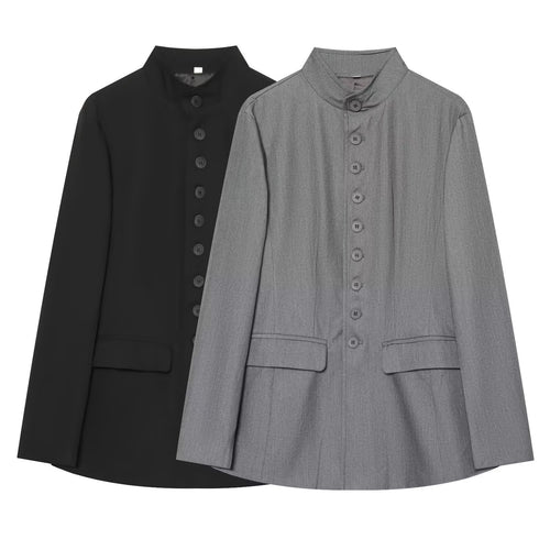 Damen Lang geschnittener Blazer mit Stehkragen und durchgehender Knopfleiste Nord Taschen