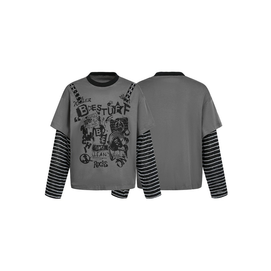 Damen Lagenlook-T-Shirt mit gestreiften Ärmeln und Graffiti-Print Nord Taschen