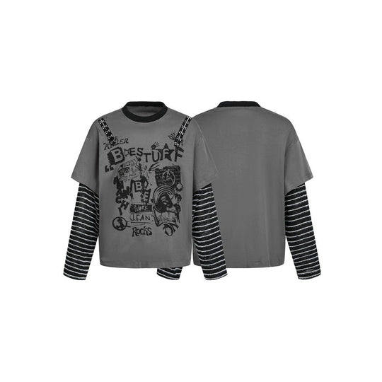 Damen Lagenlook-T-Shirt mit gestreiften Ärmeln und Graffiti-Print Nord Taschen