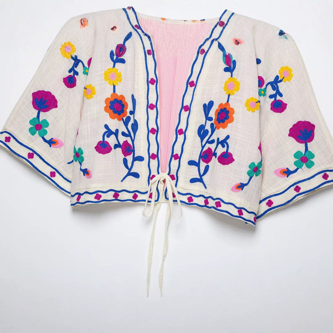 Damen Bestickter Kimono-Blouson mit Tunnelzug und floraler Stickerei Nord Taschen
