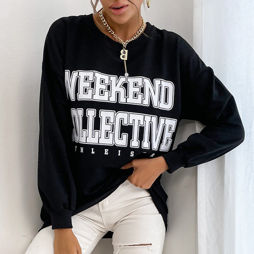 Damen Oversize Sweatshirt mit College-Print und Rundhalsausschnitt Nord Taschen