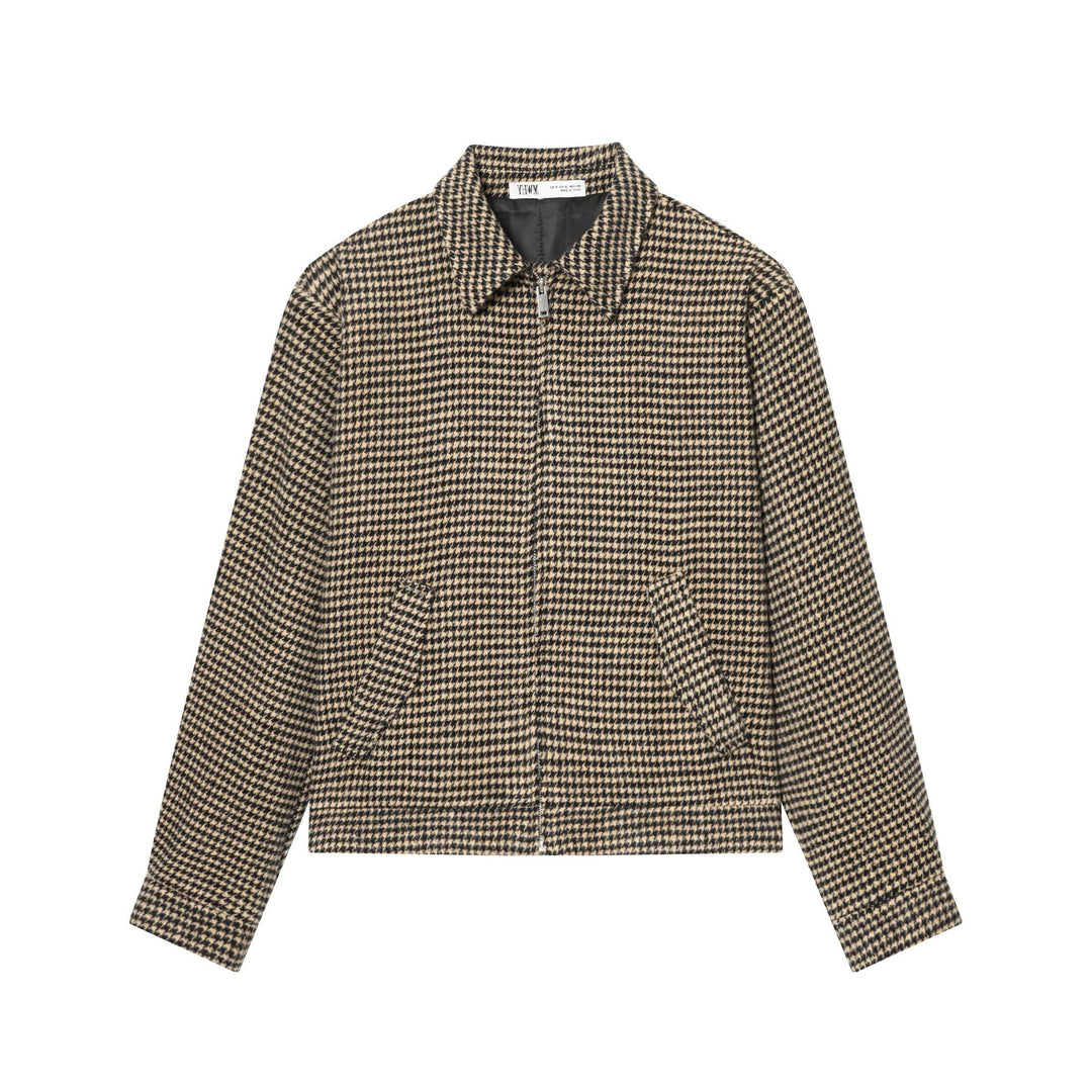 Damen Boxy-Kurzjacke aus Wollmix mit Hahnentrittmuster, Reißverschluss und Hemdkragen Nord Taschen