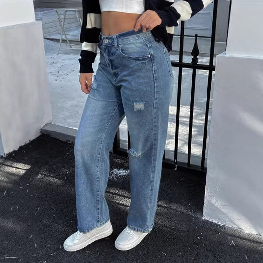 Damen hochtaillierte Relaxed‑Straight Denim‑Jeans mit weitem Bein und dezenten Destroy‑Details Nord Taschen
