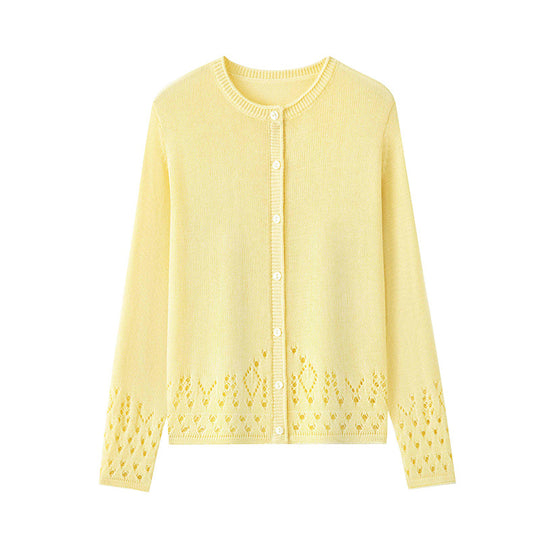 Damen Feiner Feinstrick-Cardigan mit Ajourmuster am Saum und Rundhalsausschnitt Nord Taschen