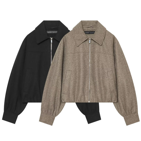 Damen Kurzjacke aus Wollmischung mit Reißverschluss und Ballonärmeln Nord Taschen