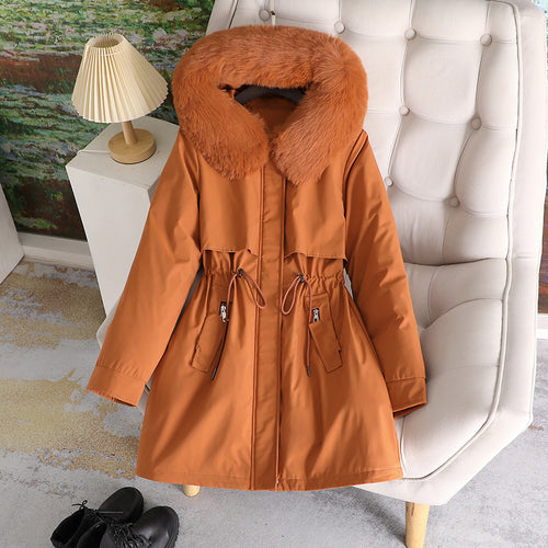 Damen nan mittellanger wasserabweisender Parka mit voluminösem Kunstfellkragen, Taillenzug und multifunktionalen Pattentaschen Nord Taschen