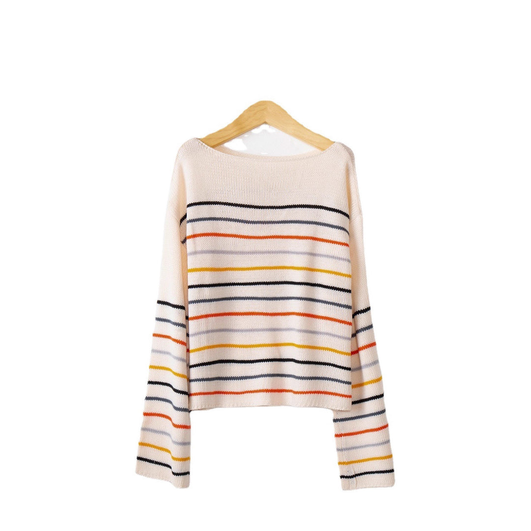 Damen Kurzgeschnittener Feinstrick-Pullover mit Rundhalsausschnitt, mehrfarbigen Horizontalstreifen und überschnittenen Schultern Nord Taschen