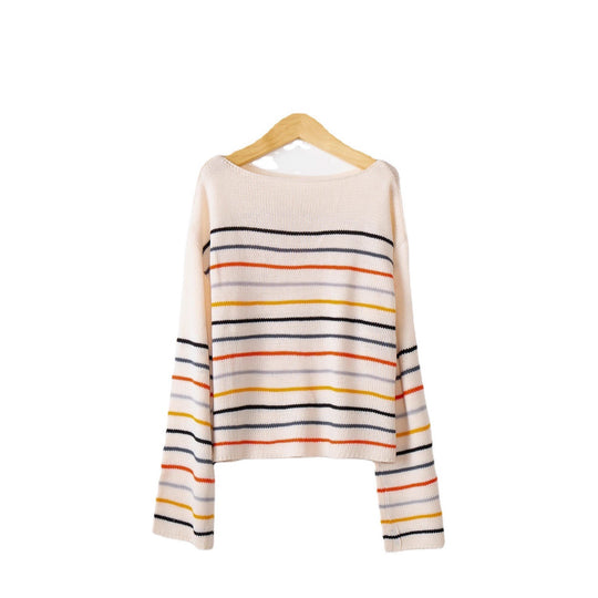 Damen Kurzgeschnittener Feinstrick-Pullover mit Rundhalsausschnitt, mehrfarbigen Horizontalstreifen und überschnittenen Schultern Nord Taschen
