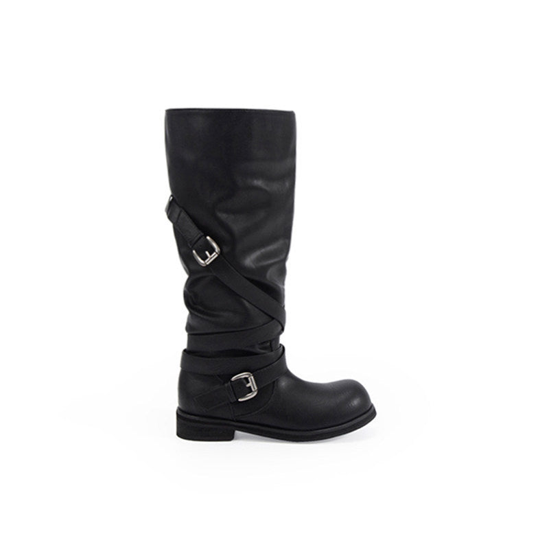 Damen Kniehohe Biker-Stiefel in Leder-Optik mit verstellbaren Schnallen Nord Taschen