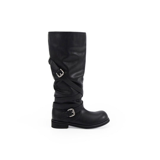 Damen Kniehohe Biker-Stiefel in Leder-Optik mit verstellbaren Schnallen Nord Taschen