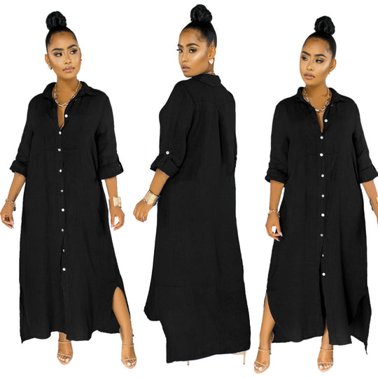 Damen lässiges Hemdkleid mit seitlichen Schlitzen und langfristiger Passform