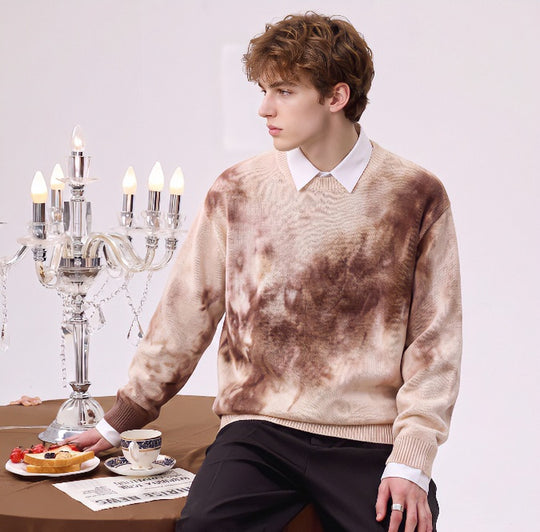 Herren Oversize-Strickpullover mit Batikoptik, Rundhalsausschnitt und Rippbündchen Nord Taschen