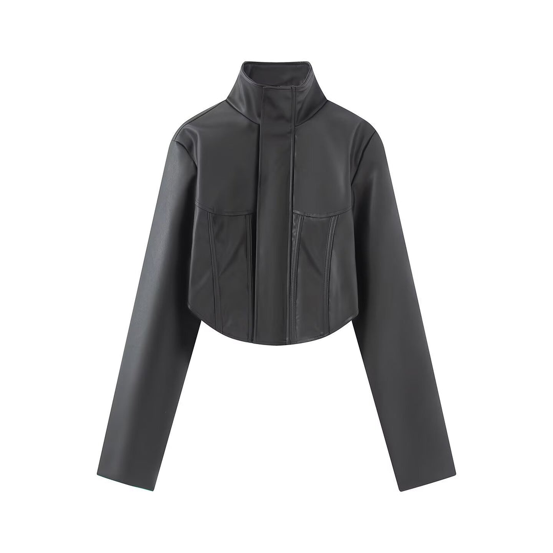 Damen Gekürzte Kunstleder-Jacke mit Stehkragen und taillierten Teilungsnähten Nord Taschen