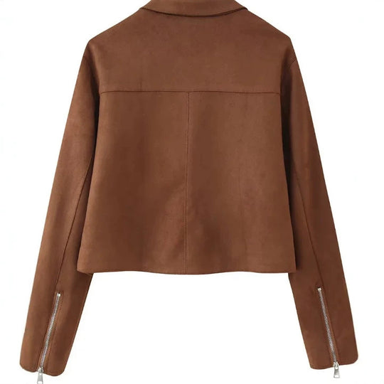 Damen Cropped Jacke aus Velourslederoptik mit Hemdkragen und zwei Reißverschlusstaschen Nord Taschen
