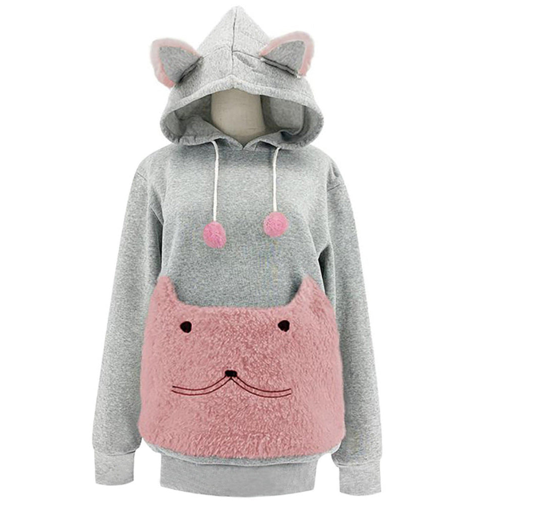 Damen Kuscheliger Kapuzenpullover mit Katzenmotiv und praktischer Känguru-Tasche Avellé