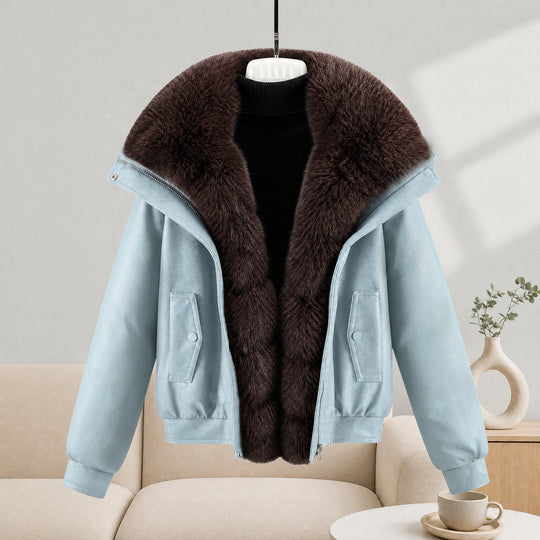 Damen nan kurze Lammfelloptik-Bomberjacke mit voluminösem Fellkragen und tailliertem Saum Nord Taschen