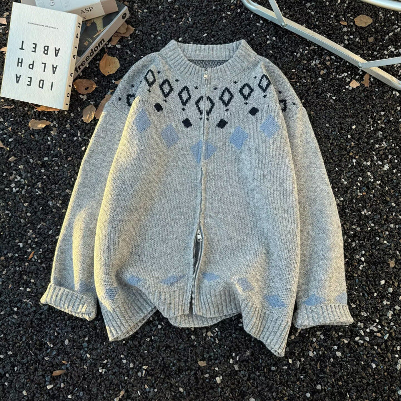 Unisex Grobgestrickte Norweger-Cardigan mit Rundhals, durchgehendem Reißverschluss und Jacquard‑Yoke Nord Taschen