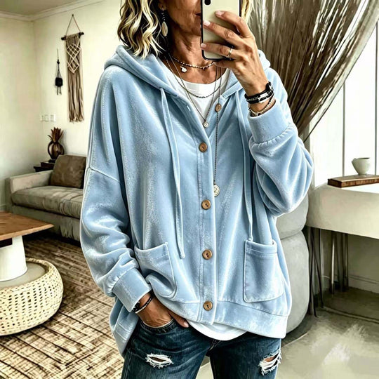 Damen Oversize Kapuzen-Samtjacke mit Knopfleiste und aufgesetzten Taschen Nord Taschen