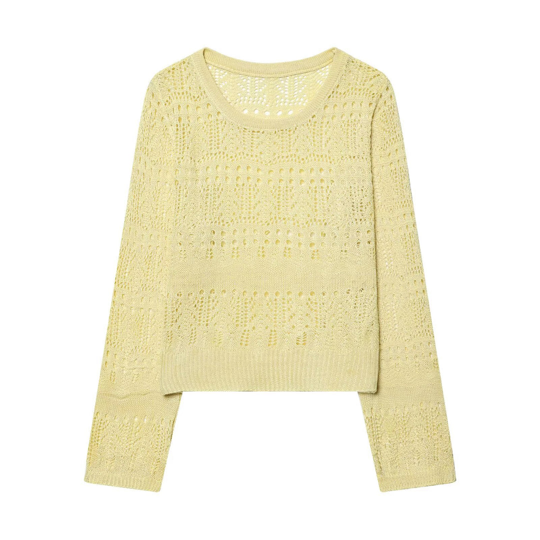 Damen Feinstrick-Openwork-Pullover mit Rundhalsausschnitt und filigranem Lochmuster Nord Taschen