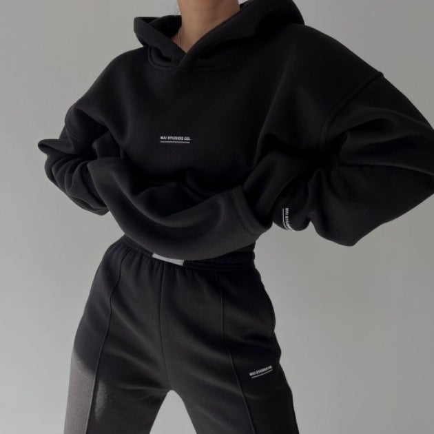 Damen Set Schwere French‑Terry Oversize‑Kapuzenpullover mit Kängurutasche und Slim‑Jogginghose Nord Taschen