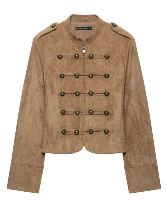 Damen Kurzjacke aus Velourslederoptik im Offiziersstil mit dekorativer Knopfleiste Nord Taschen
