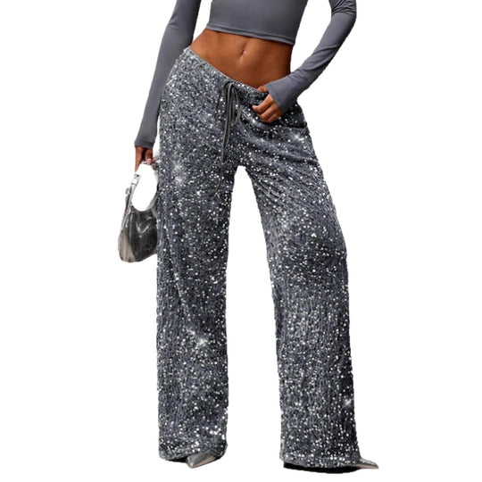 Damen Pailletten-Palazzohose mit hohem Bund und Kordelzug Nord Taschen