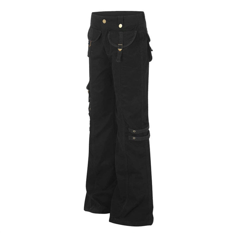 Damen weite High‑Waist Cargo‑Hose mit Utility‑Taschen und Gurt‑Details Nord Taschen