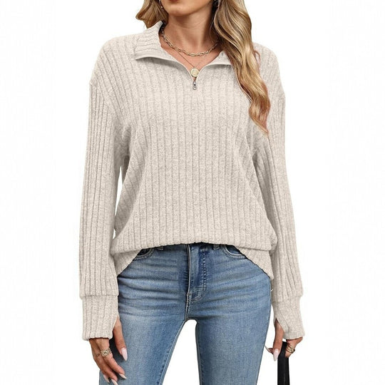 Damen Gerippter Halfzip-Pullover mit Stehkragen und Relaxed-Fit Nord Taschen