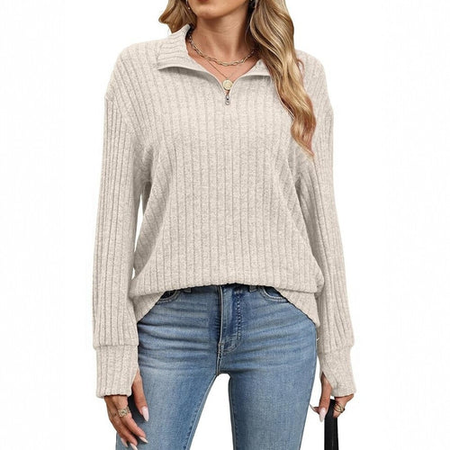 Damen Gerippter Halfzip-Pullover mit Stehkragen und Relaxed-Fit Nord Taschen