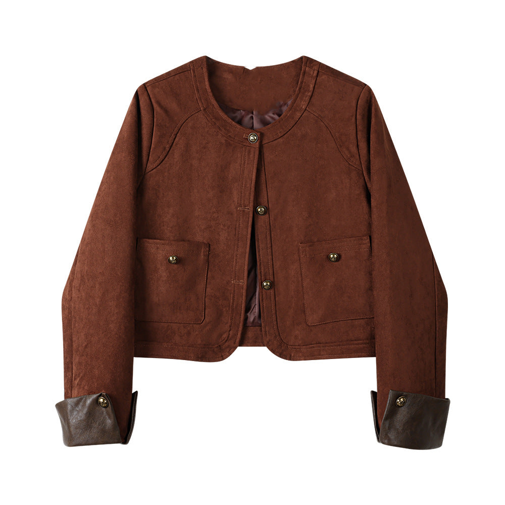 Damen Kurzjacke aus Veloursleder mit Rundhals, aufgesetzten Taschen & Umschlagmanschetten Nord Taschen