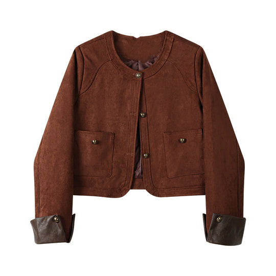 Damen Kurzjacke aus Veloursleder mit Rundhals, aufgesetzten Taschen & Umschlagmanschetten Nord Taschen